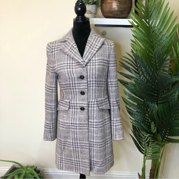Ann Taylor Plaid Wool Blend Long Coat Gray Green Lavender Ivory 2
